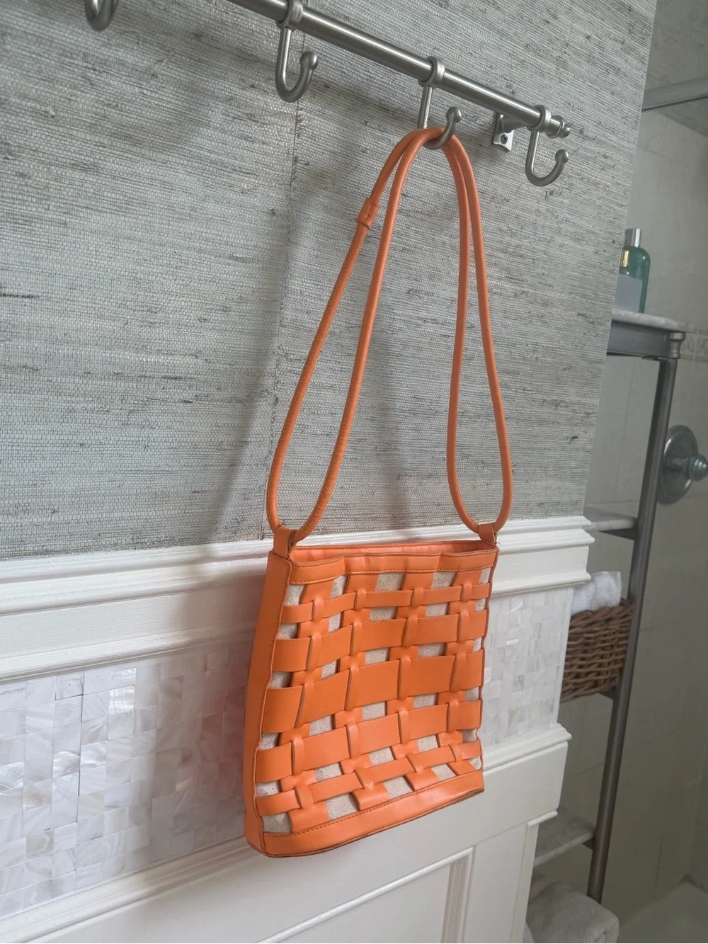 A new day Orange faux leather and linen-look fabric woven Shoulder tote bag